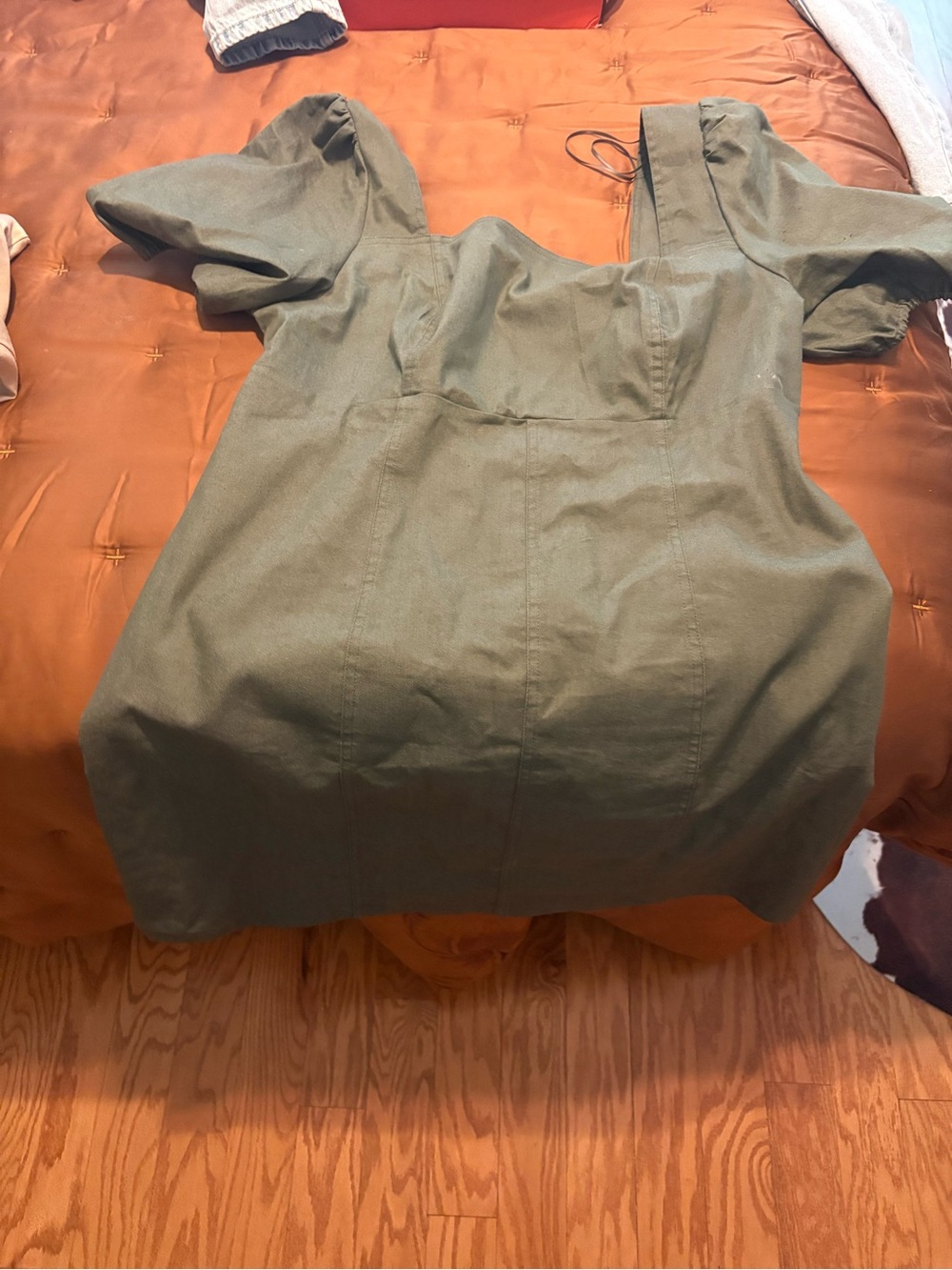 Square-Neck Olive Dress Tunic with Puff Sleeves